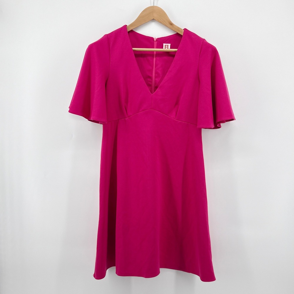 Amanda Uprichard Hot Pink Mini Dress Large V-Neck Flutter Sleeve Party Cocktail